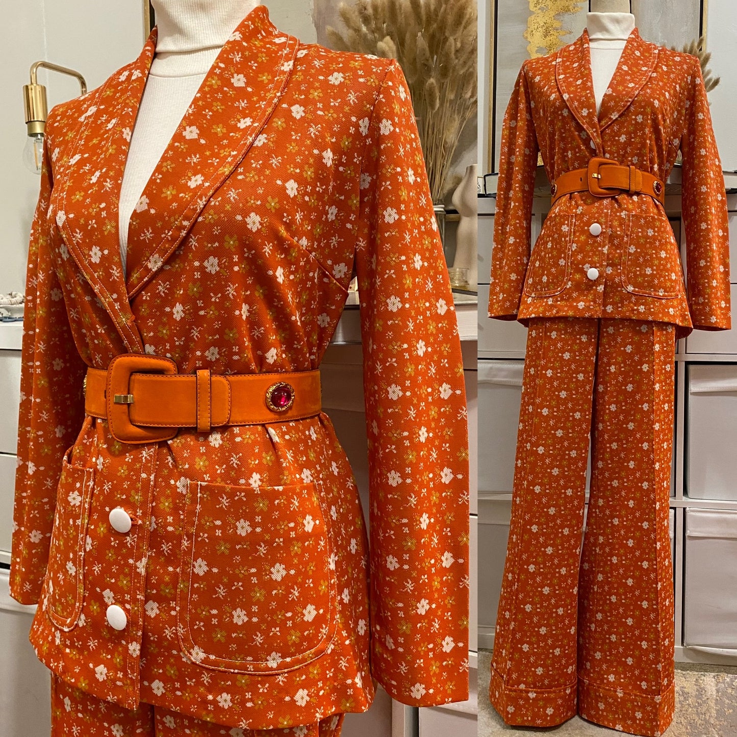 70's Floral, Rusty Orange Bell Bottom 2PC Pantsuit (Large)