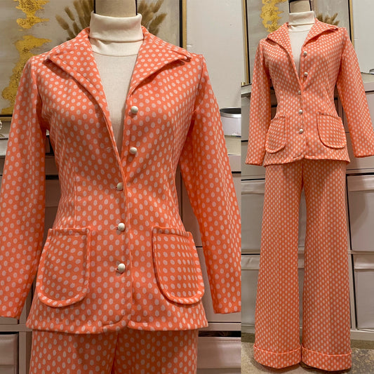 60s-70s 2-piece Polka Dot Pantsuit - Blazer & Wide Leg Bell Bottoms (XS-S)