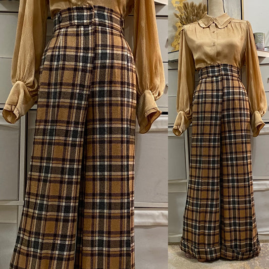 70's Plaid High Rise, Cuffed Hem, Wide Leg Pants (M,28"W)