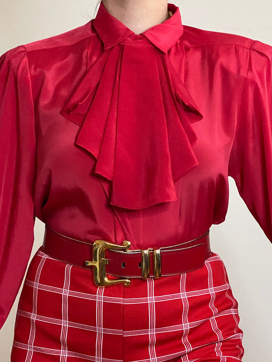 80's Red Ruffled Cravat/Jabot Bow Long Sleeve Blouse (S-M)