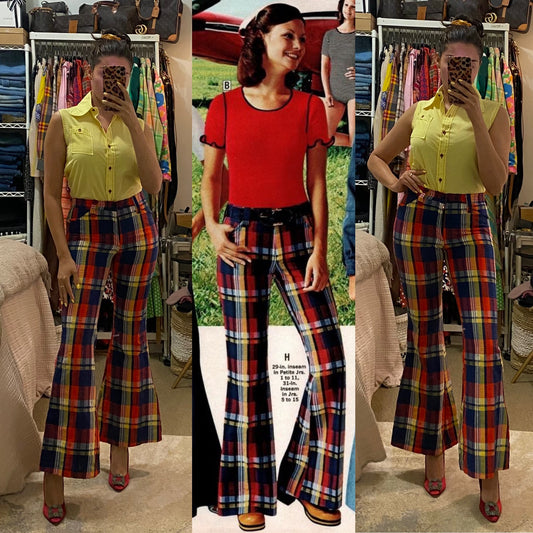 70's Plaid Seersucker Flare Bell Bottom Pants (XS)