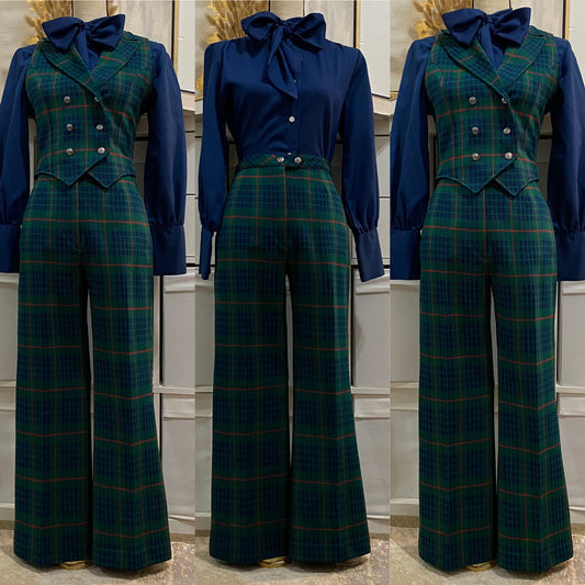 70s Plaid 2Pc Cropped Vest Pantsuit (XS-S, 26"-27'W)