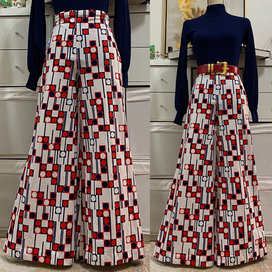 70s Abstract Geometric High Rise Flare Pants (M, 27"-32"W)