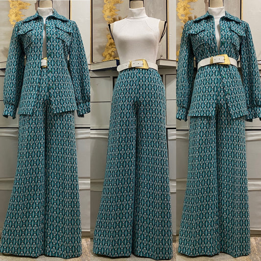 70's 3Pc Abstract/Geometric Wide Leg Pantsuit (S-M, 26"-32"W)