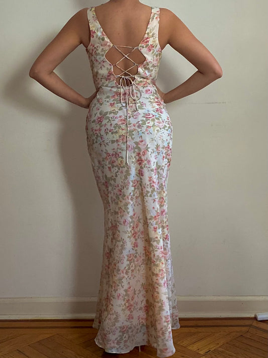 80's Floral Maxi Sleeveless Dress (S)