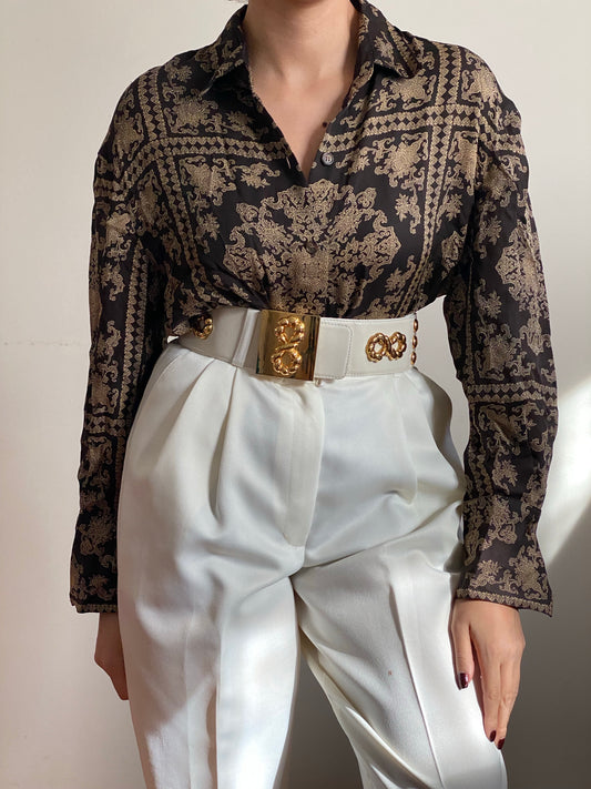 Y2K Silk Brown Abstract Long Sleeve Blouse (M)