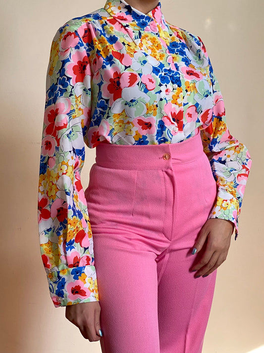70's MULTICOLOR FLORAL BUTTON UP BLOUSE (M)