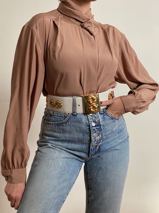 90's Mock Jabot Collar Long Sleeve Blouse (M)