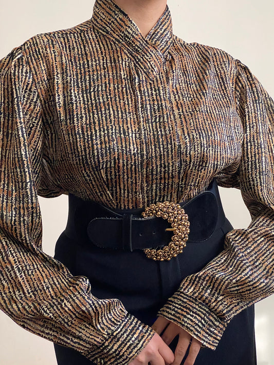 80's Gold Mandarin Collar Long Sleeve Blouse (M)