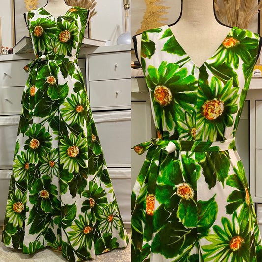 60s 70s Green Floral Big Wide Leg Palazzo Jumpsuit (M-L)