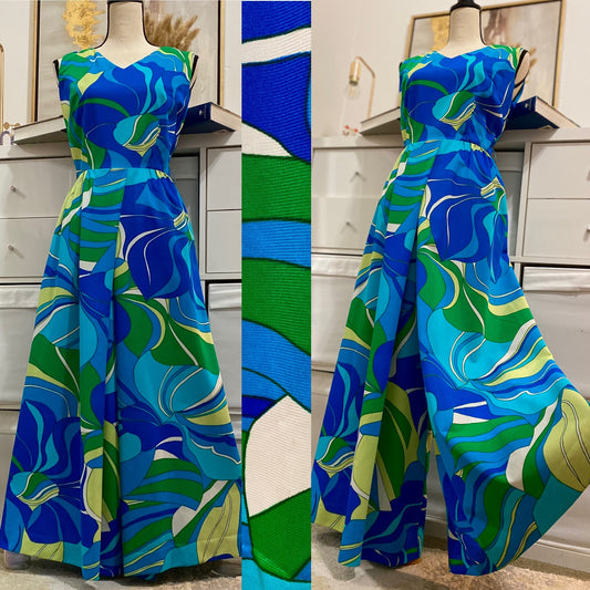 70's Blue Abstract Palazzo Jumpsuit (S-M)
