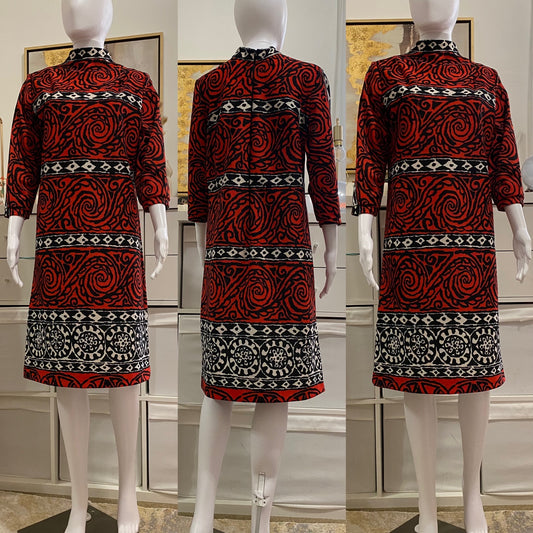 70's Abstract Mock Neck Midi Dress (L)