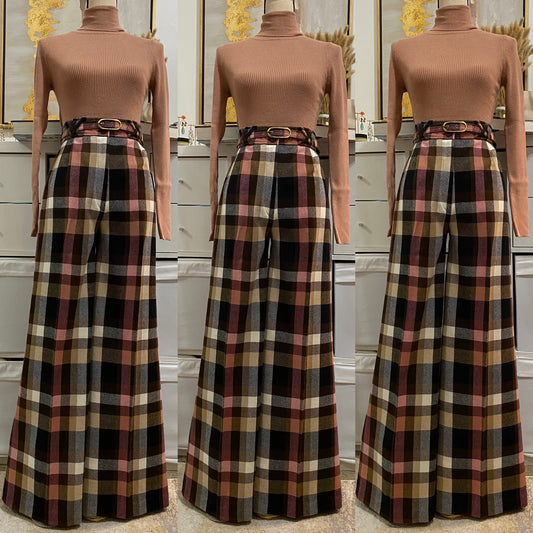 70's Plaid High Rise Wide Leg Flare Pants (M-L)