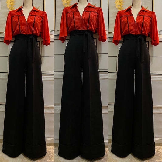 70's Red Polka Dot & Strips Bell Bottom Cuffs Jumpsuit (XS-S)