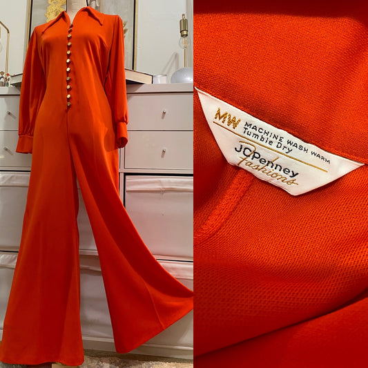 70's Orange Disco Bell Bottom Jumpsuit w/ Gold Buttons (M-L)