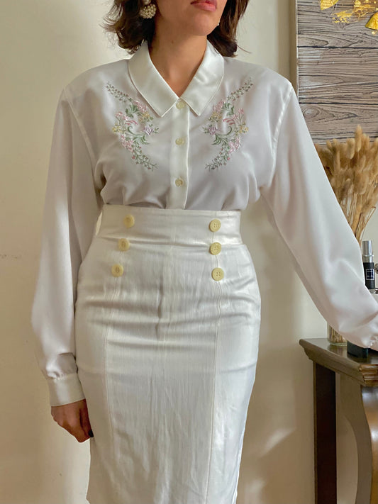 80's Floral Embroidered Long Sleeve Button Down Blouse (M)
