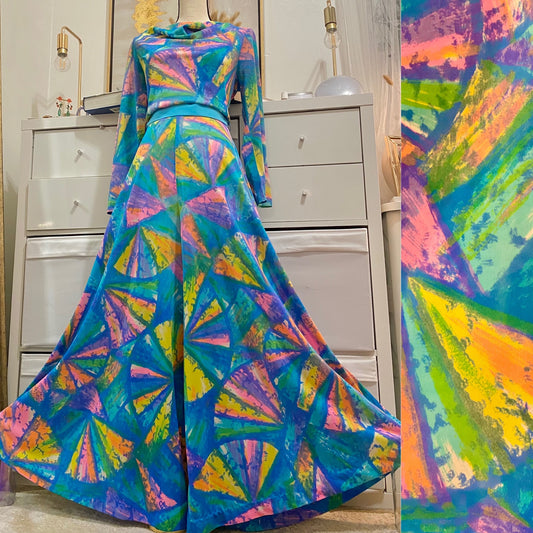 60's Abstract Watercolor Palazzo Jumpsuit with Cowl Neck (M-L)