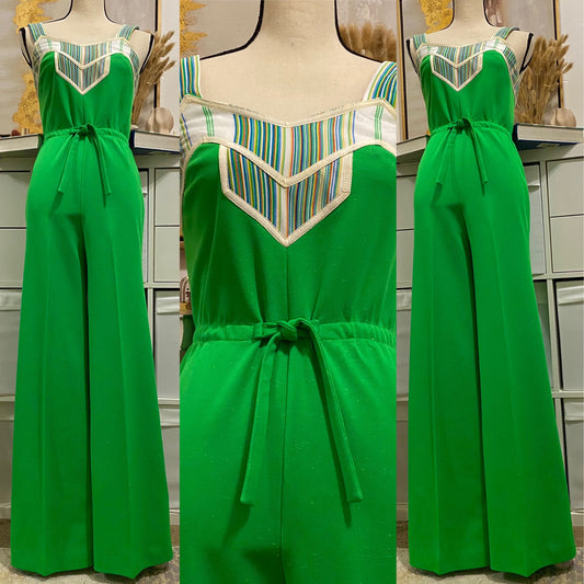 70's Kelly Green & Rainbow Stripes Wide Leg Jumpsuit (S)