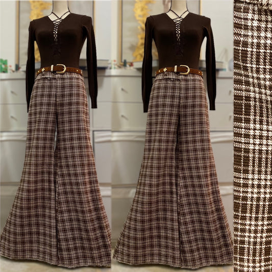 70s Plaid Midrise Bell Bottom Flare Cotton Pants (M, 29"W)
