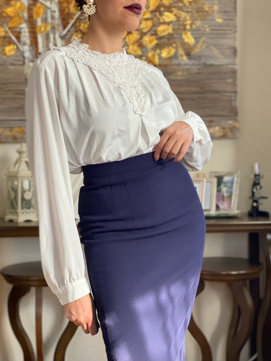 80's Lace Applique Long Sleeve Blouse (M)