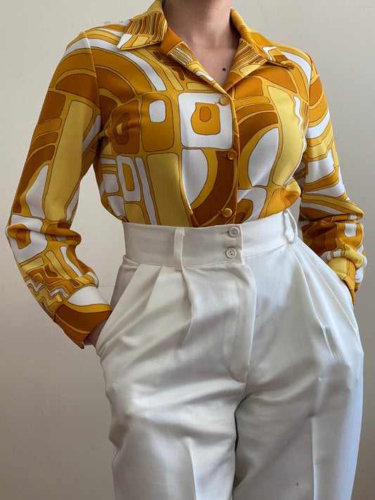 60s 70s Geometric Mod Micro Mini/Blouse w/ Long sleeve (M-L)