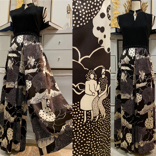 60's-70's Novelty Print Palazzo Sleeveless Jumpsuit (28"W)
