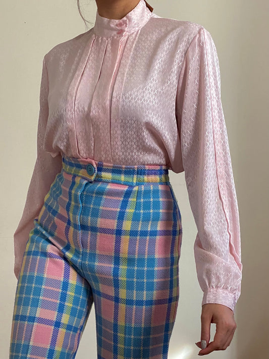 80's Pleated Front High Mock Neck Blouse (S)