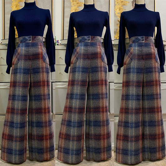 70s High Rise, Wide Leg Hazy Plaid Pants (L, 30"-34")