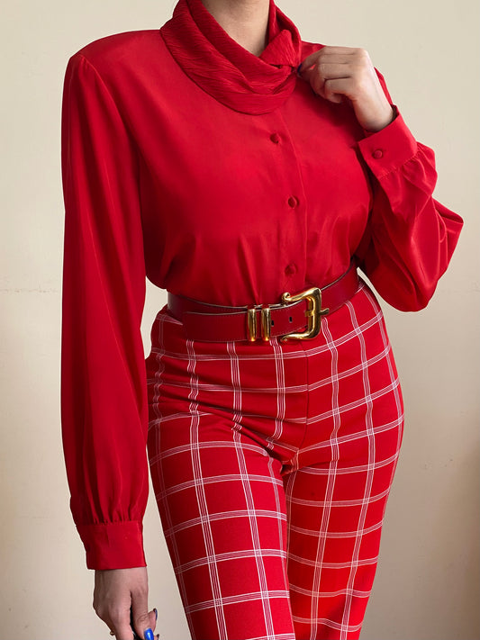80's Crepe Shawl Neck Button Down Blouse (M-L)
