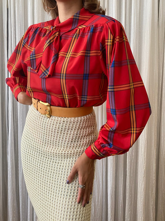 Plaid long sleeve top with small pussy bow tie neck