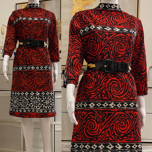 70's Abstract Mock Neck Midi Dress (L)