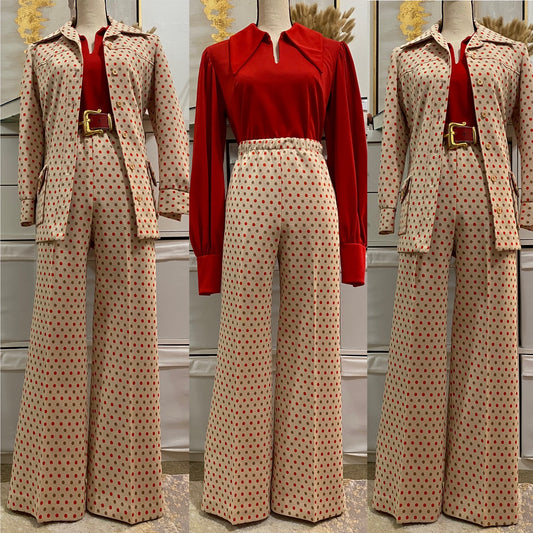 70s 2pc polka dot wide leg bell bottom pantsuit (L-XL)