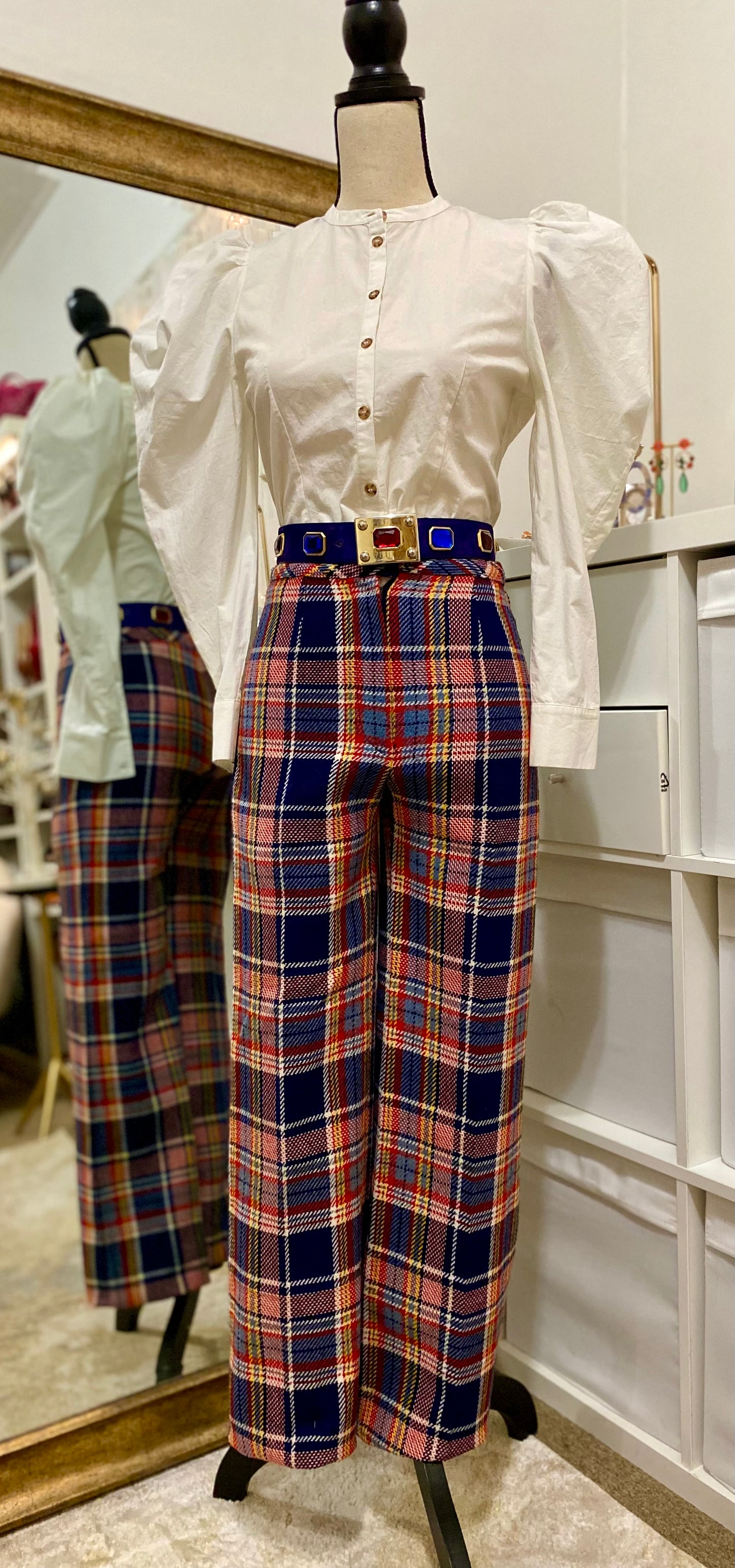 70's Multicolor Plaid High Waisted Flared Pants (XS-S)
