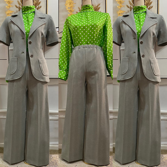 60s-70s Green Striped 2pc Pantsuit - Jacket & Wide Leg Bottoms (XS-M) Petite