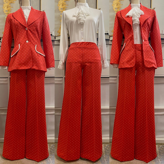 70's Polka Dot Mid-Low Rise Wide Leg Pantsuit (S)