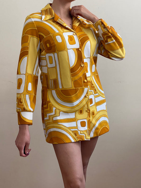 60s 70s Geometric Mod Micro Mini/Blouse w/ Long sleeve (M-L)