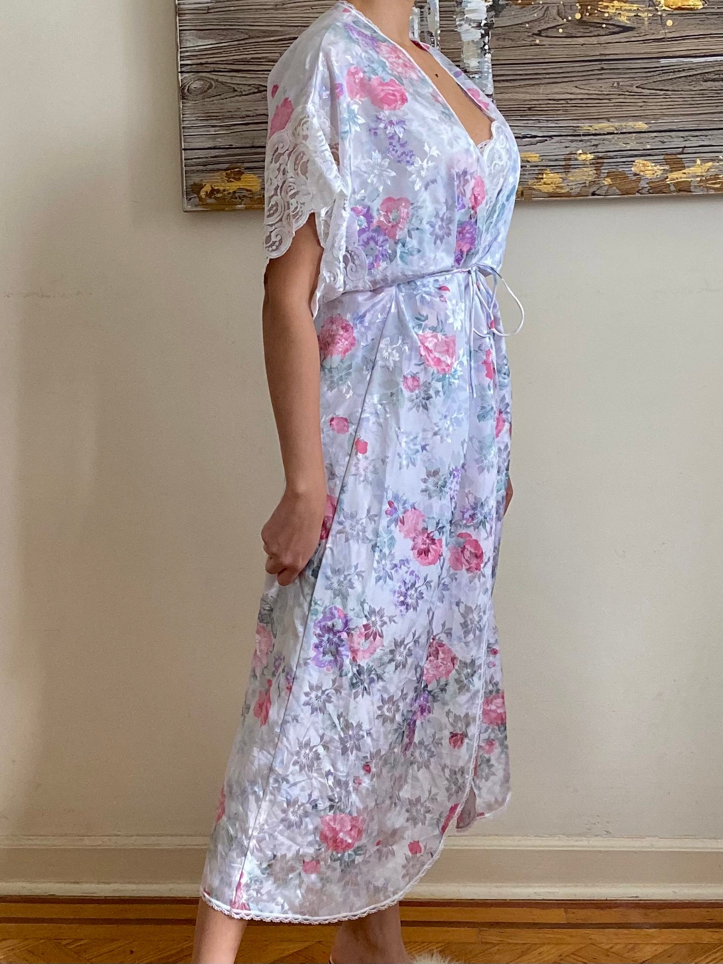 80's Floral Full Length Robe & Slip Set (M)