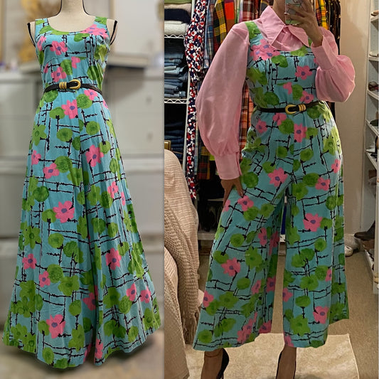 60s 70s Cotton Floral Wide Leg Jumpsuit (M-L, 34"W)