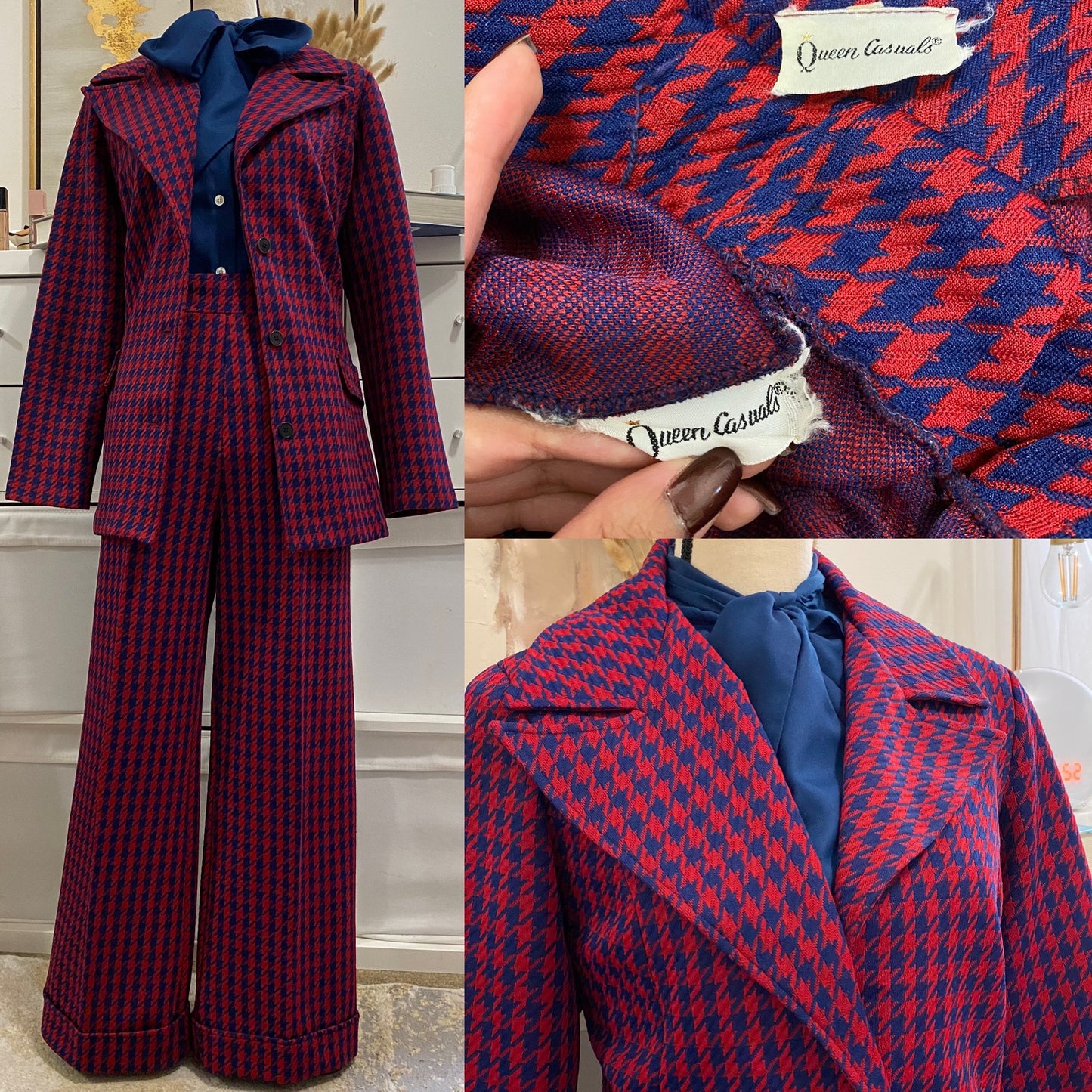 60's-70's Houndstooth 2pc Bell Bottom Pantsuit (L)