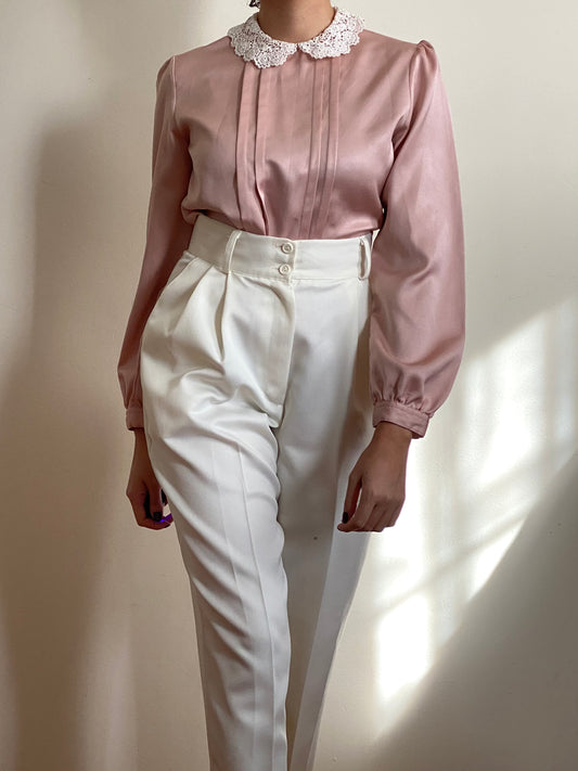 80's Lace Collar Silky Long Sleeve Blouse (S)