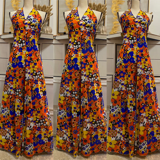 70's Multicolor Abstract Halter Top Wide Leg Jumpsuit (M)
