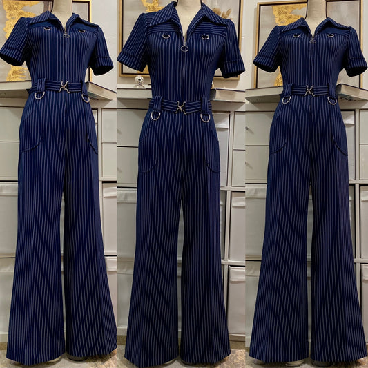 70'S Navy Blue Striped Wide Leg Bell Bottom Jumpsuit (M-L)