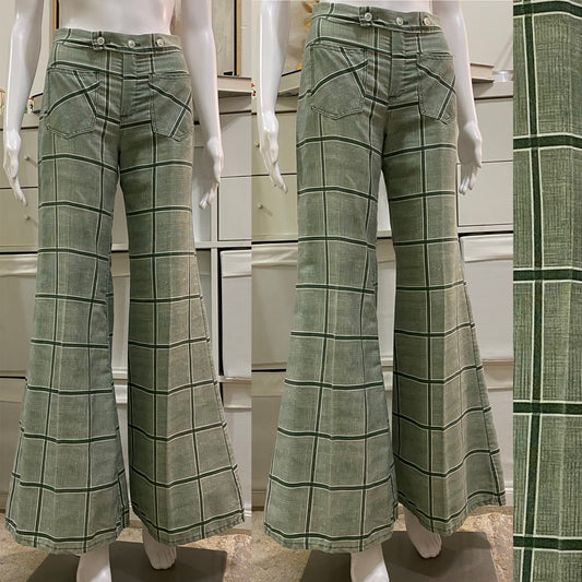 70s Low Rise Windowpane Plaid Bell Bottom Flare Pants (XS, 26")