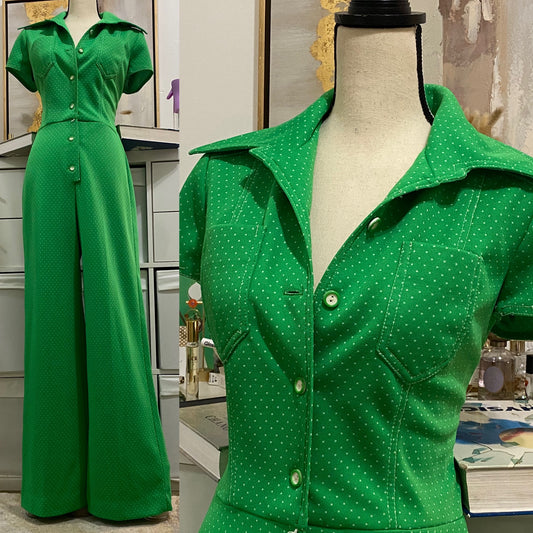 70's Swiss Dot, Short Sleeve & Wide Leg Jumpsuit (M, 28'W)