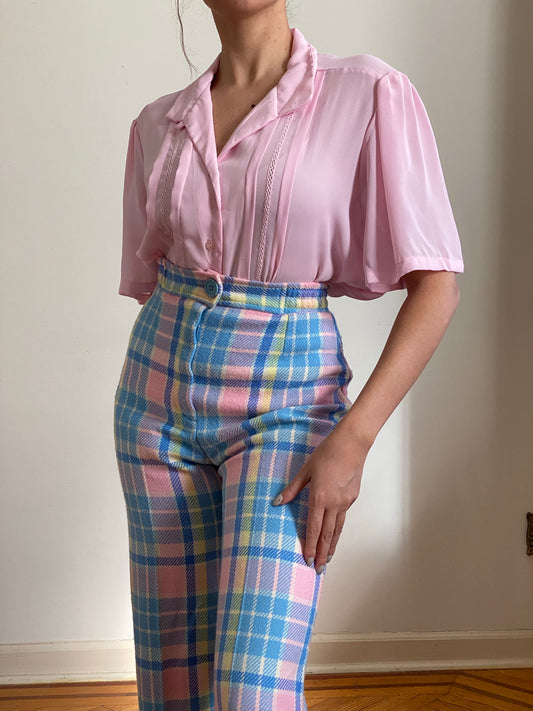 80’s Sheer Pink Short Flutter Sleeve Blouse (M-L)