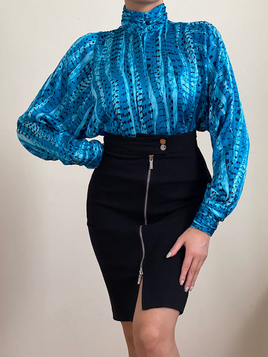 80's Abstract High Mock Neck Button Down Blouse (M)