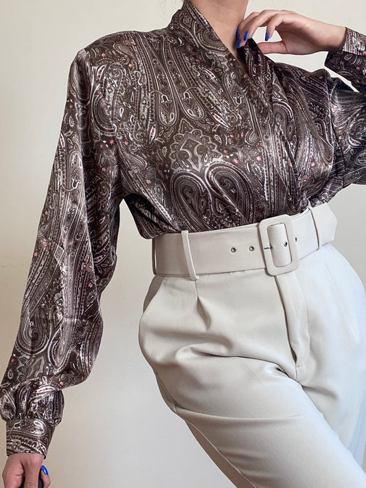 80'a Satin Draped V-Neck Abstract Blouse (M-L)