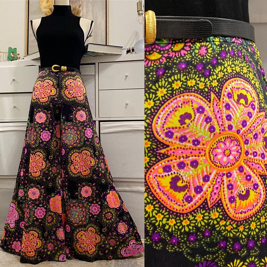 60s-70s Groovy , Psychedelic Low - Midrise Palazzo Pants (XS-M)