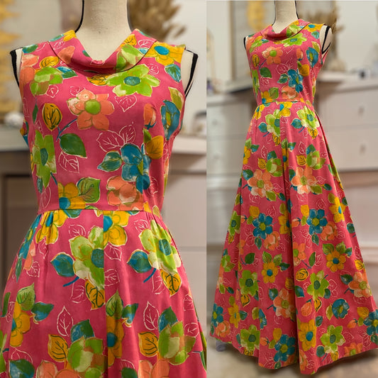 60s-70s Floral Cotton Palazzo Jumpsuit (XS)