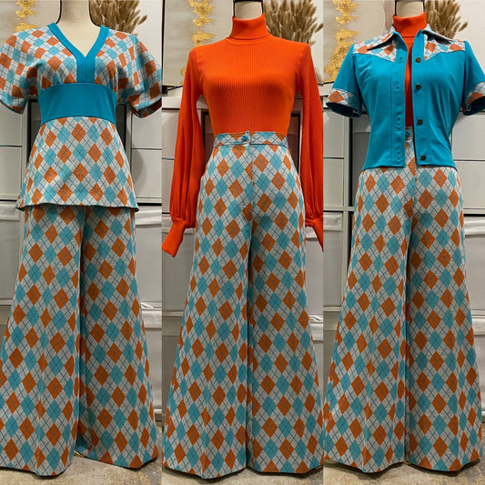 70's Argyle 3PC Wide Leg Pantsuit (S-M) Petite, cropped